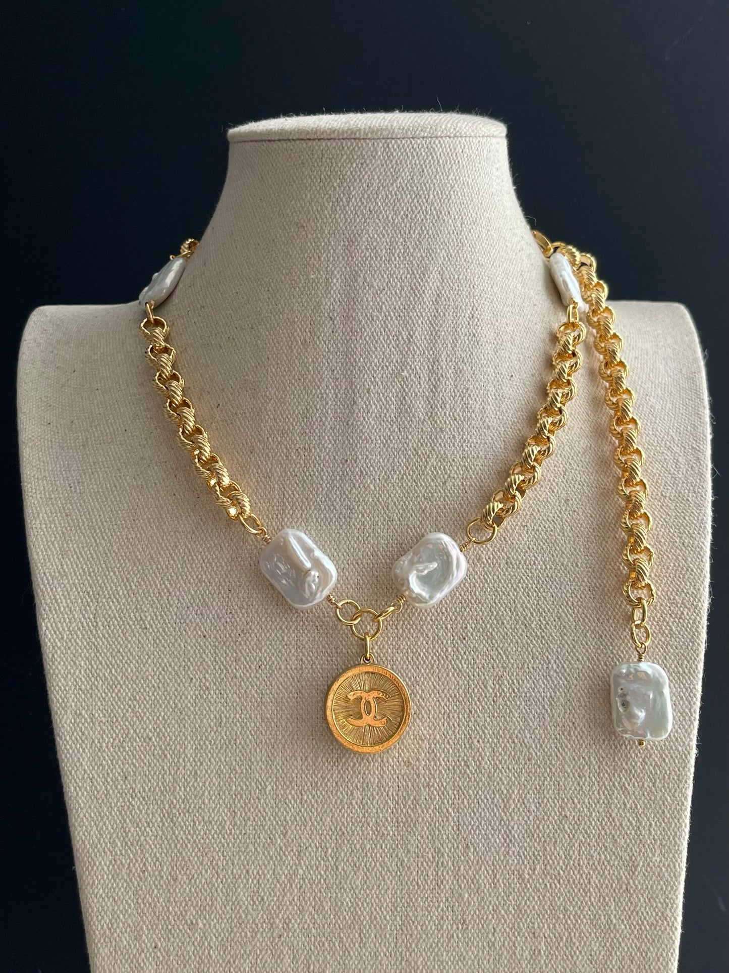 One of a kind square pearls and Authentic Reworked button necklace