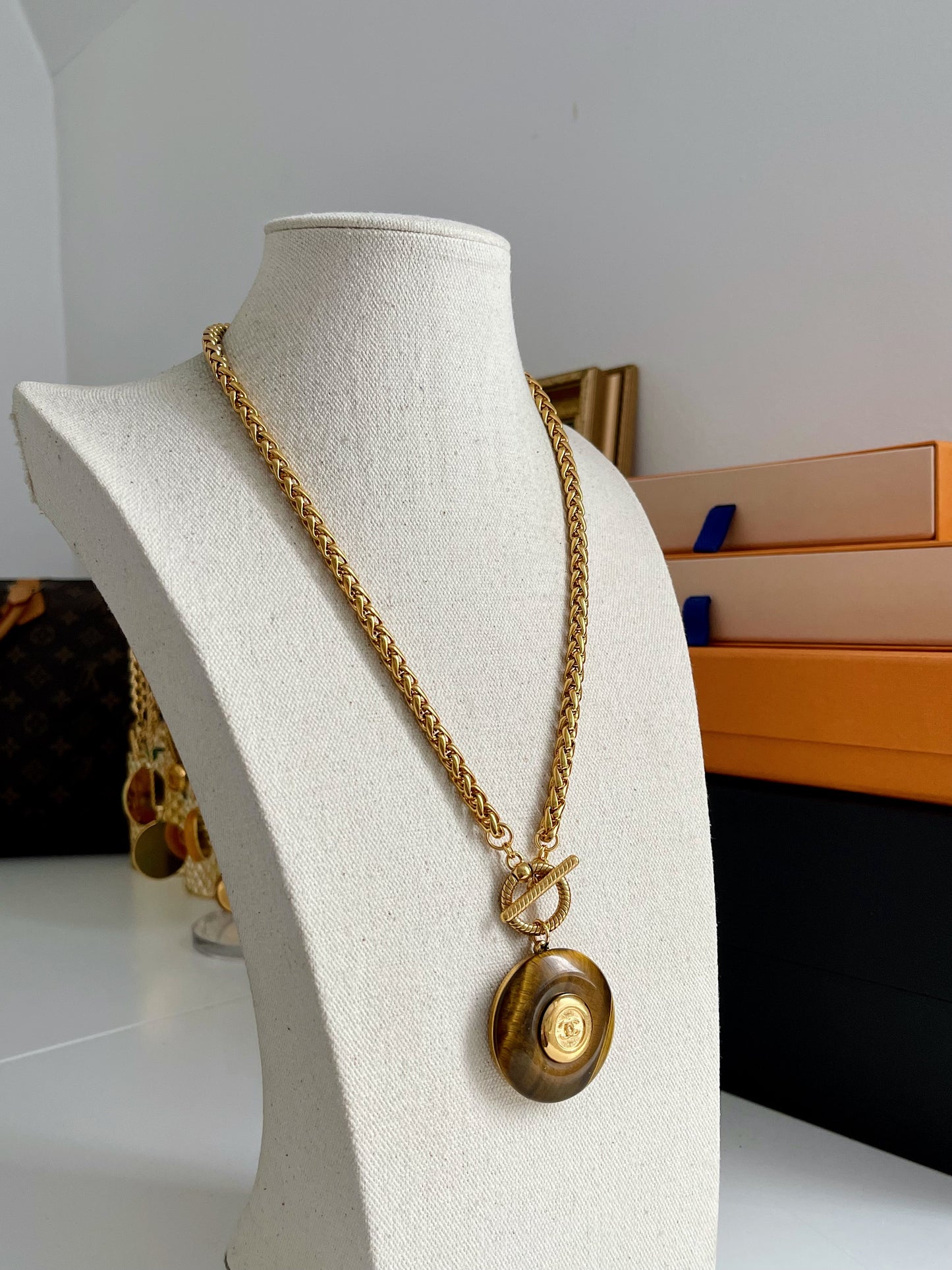 Vintage reworked button and tiger eye stone necklace