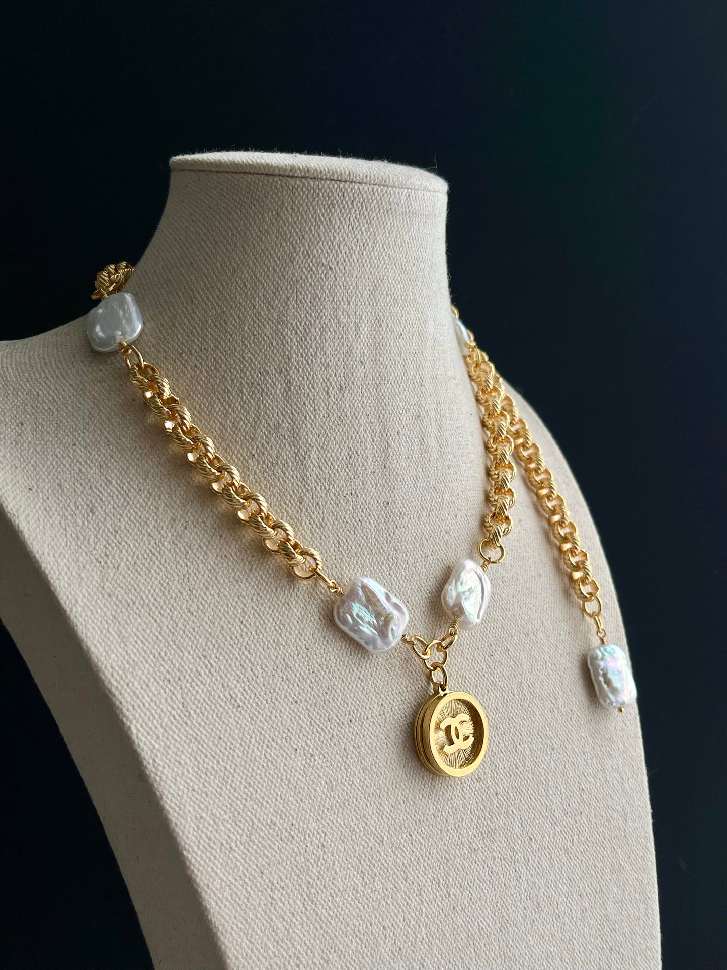 One of a kind square pearls and Authentic Reworked button necklace