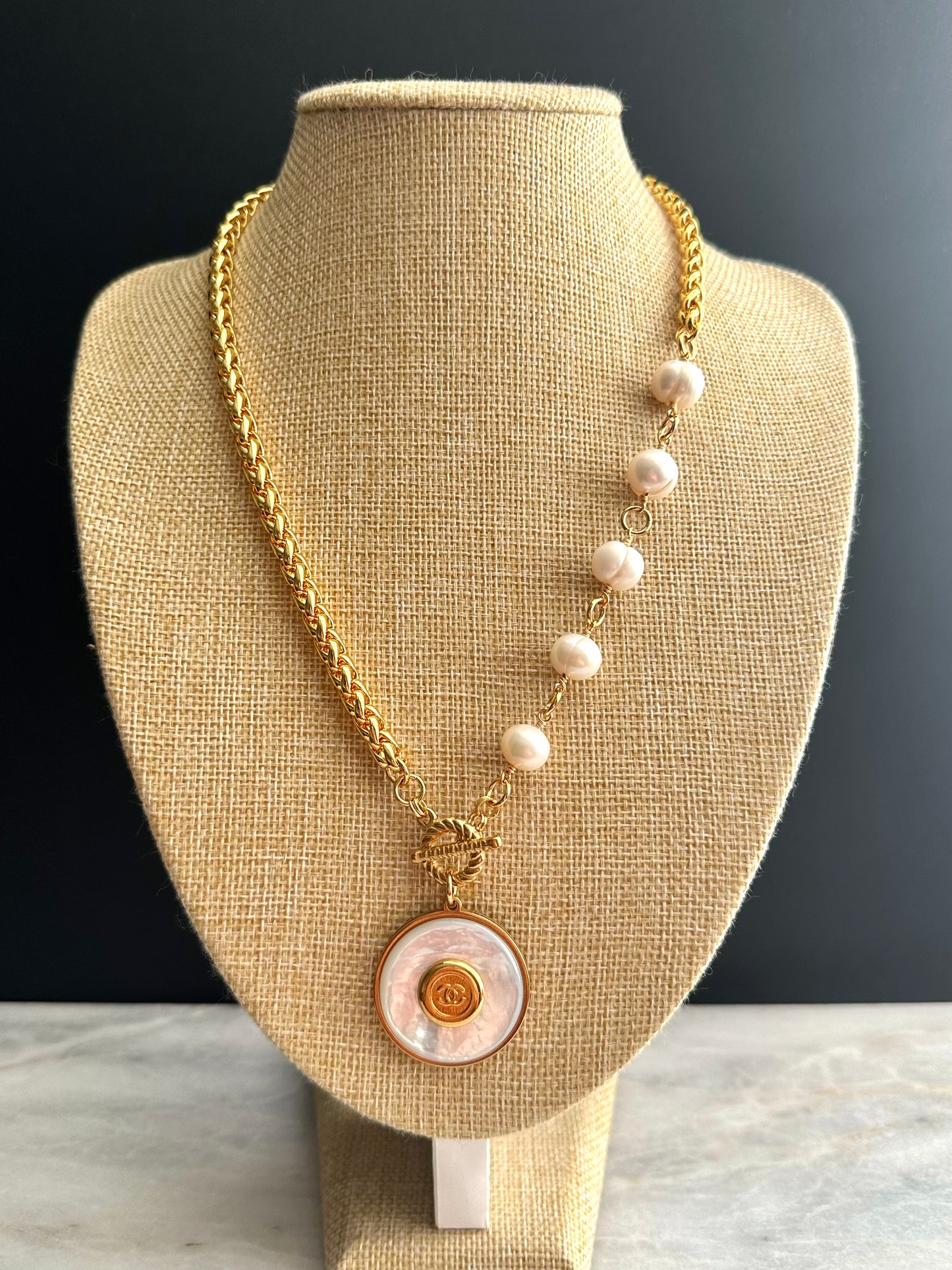 SUPER RARE Large MOTHER OF PEARL and Vintage Authentic reworked Gold button Necklace