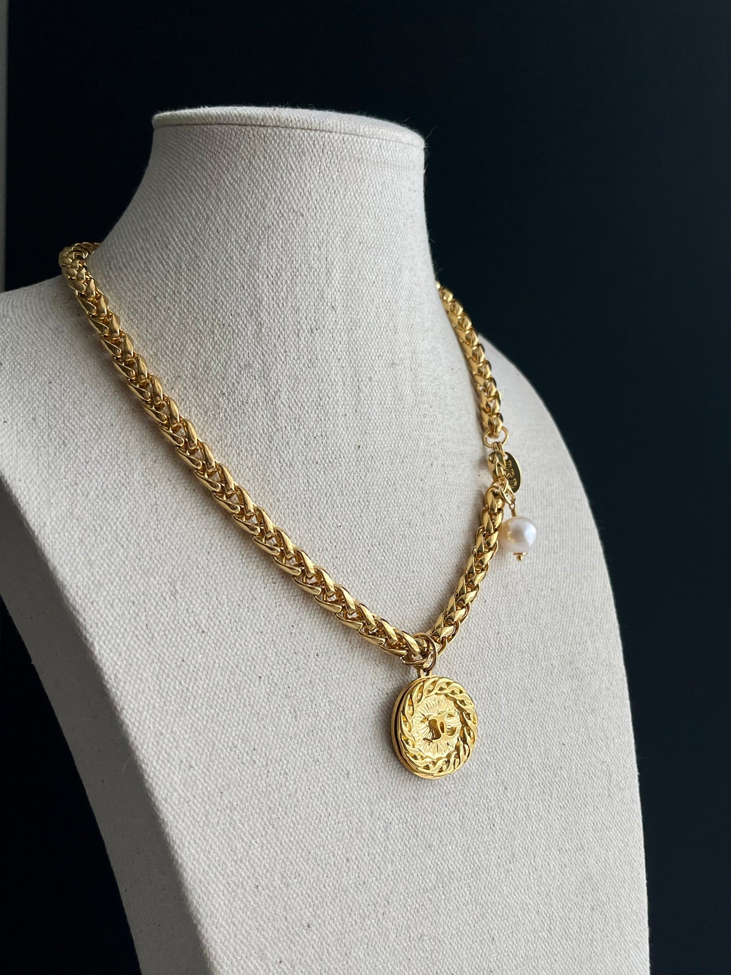 Vintage Authentic Large reworked Gold button Necklace